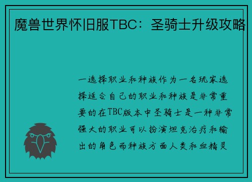 魔兽世界怀旧服TBC：圣骑士升级攻略